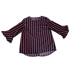 TOMMY HILFIGER 3/4 Bell Sleeve Women's Top Blouse Size M Black White Red Strip